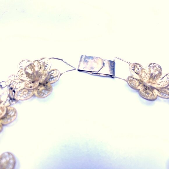 Vintage Mexican Silver Filigree Chrysanthemum Link Bracelet—1940-60s—EUC - Picture 4 of 8